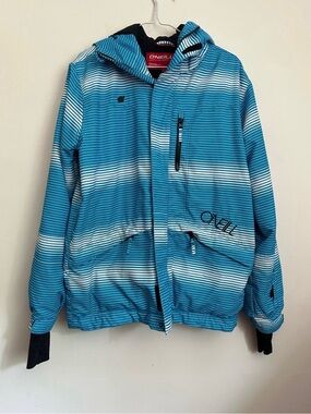 O'Neill Black Jacket with Blue and White Striped Accents and Red Logo